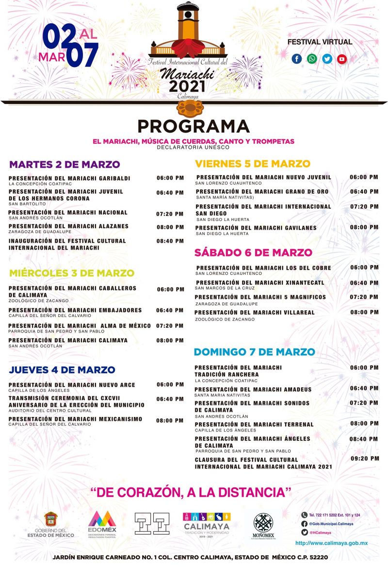 Programa Festival Virtual Cultural Internacional del Mariachi Calimaya 2021.